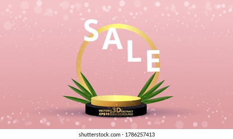 Metallic golden stage with palm leafs, realistic, round platform and realistic frame minimal background, 3d scene for product presentation or mockup. Sale promo podium, for winner, advertising.