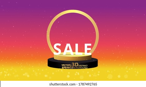 Metallic golden stage with palm leafs, realistic, round platform and realistic frame minimal background, 3d scene for product presentation or mockup. Sale promo podium, for winner, advertising.