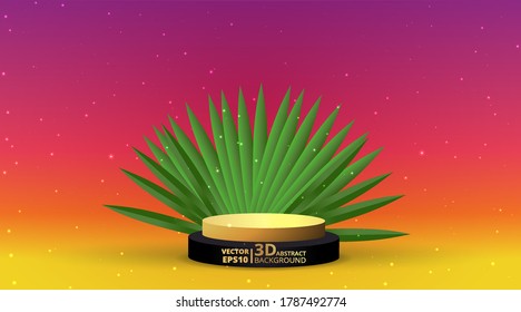 Metallic golden stage with palm leafs, realistic, round platform and realistic frame minimal background, 3d scene for product presentation or mockup. Sale promo podium, for winner, advertising.