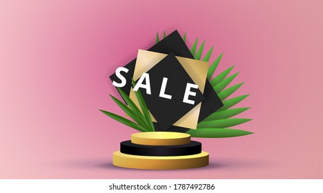 Metallic golden stage with palm leafs, realistic, round platform and realistic frame minimal background, 3d scene for product presentation or mockup. Sale promo podium, for winner, advertising.