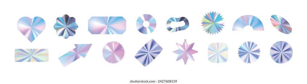Metallic gradient blending silver, , and pink hues in hologram texture. Flat vector illustration isolated on white background.
