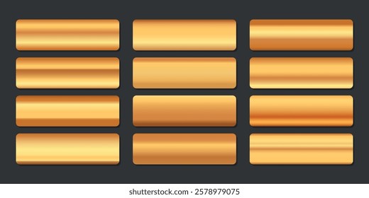 Metallic gradient collection with shiny rainbow hologram. Holographic foil texture, golden, yellow gradation. Vector set for frame, ribbon, border, other design.