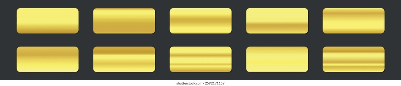 Metallic gradient collection with shiny rainbow hologram. Holographic foil texture, golden, yellow gradation. Vector set for frame, ribbon, border, other design.
