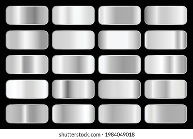 Colección de gradientes metálicos con holograma plateado brillante. Textura holográfica de aluminio, gradación cromada de metal. Conjunto de vectores para marco, cinta, borde, cubierta, pancarta, otro diseño.