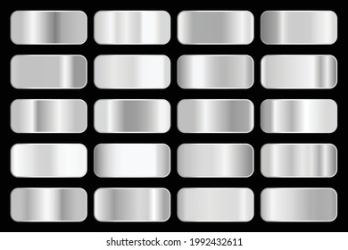 Colección de gradientes metálicos con holograma plateado brillante. Textura holográfica de aluminio, gradación cromada de metal. Conjunto de vectores para marco, cinta, borde, cubierta, pancarta, otro diseño.