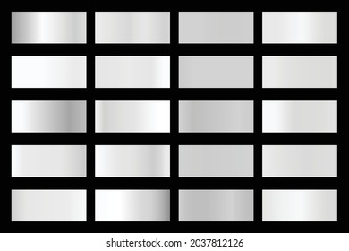 Colección de gradientes metálicos con holograma plateado brillante. Textura holográfica de aluminio, gradación cromada de metal. Conjunto de vectores para marco, cinta, borde, cubierta, pancarta, otro diseño.