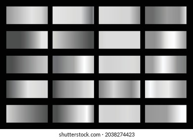Colección de gradientes metálicos con holograma plateado brillante. Textura holográfica de aluminio, gradación cromada de metal. Conjunto de vectores para marco, cinta, borde, cubierta, pancarta, otro diseño.