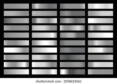 Metallic gradient collection with shiny silver hologram. Holographic foil texture, chrome metal gradation. Vector set for frame, ribbon, border, cover, banner, other design.
