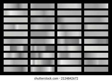 Metallic gradient collection with shiny silver hologram. Holographic foil texture, chrome metal gradation. Vector set for frame, ribbon, border, cover, banner, other design.