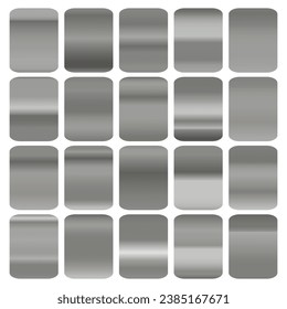 Metallic gradient collection with shiny silver hologram. Holographic foil texture, chrome metal gradation. Vector set for frame, ribbon, border, cover, banner, other design.