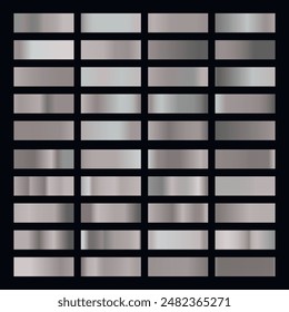 Metallic gradient collection with shiny silver hologram. Holographic foil texture, chrome metal gradation. Vector set for frame, ribbon, border, cover, banner, other design.