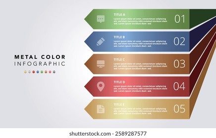 Metallic gradient colorful infographic vector metal color UI template, elegant business work presentation process diagram flow chart graph, gold silver bronze steel workflow step layout banner