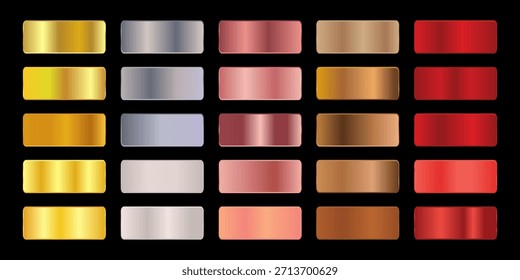 Fundo de folha de gradiente metálico. gradiente mais popular. Modelo vetorial de ouro, ouro rosa, prata e metal holográfico