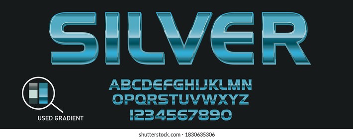 Metallic gradient font. Metal gradient. Silver text. Blue surface. Chrome effect. Metallic lettering. Alphabet letter. Vector set. Typeface glowing text effect. Set steel letters. Bold font alphabet. 