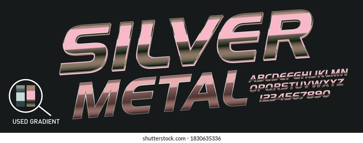 Metallic gradient font. Metal gradient. Silver text. Gold surface. Chrome effect. Metallic lettering. Alphabet letter. Vector set. Typeface glowing text effect. Set steel letters. Bold font alphabet. 