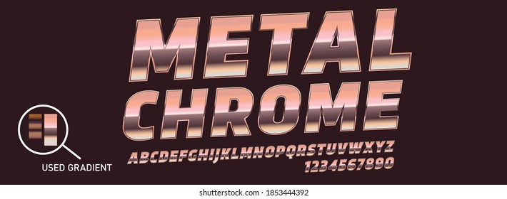 Metallic gradient font. Metal gradient. Silver text. Gold surface. Chrome effect. Metallic lettering. Alphabet letter. Vector set. Typeface glowing text effect. Set steel letters. Bold font alphabet. 