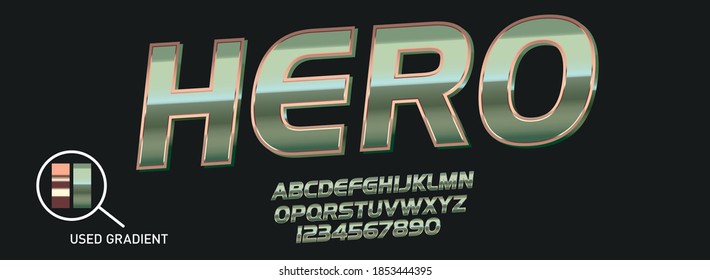 Metallic gradient font. Metal gradient. Silver text. Gold surface. Chrome effect. Metallic lettering. Alphabet letter. Vector set. Typeface glowing text effect. Set steel letters. Bold font alphabet. 