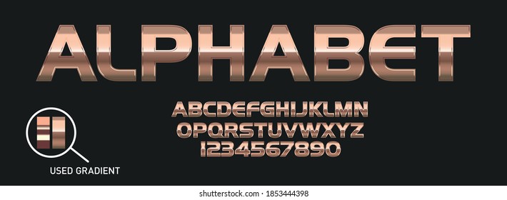 Metallic Gradient Font. Metal Gradient. Silver Text. Gold Surface. Chrome Effect. Metallic Lettering. Alphabet Letter. Vector Set. Typeface Glowing Text Effect. Set Steel Letters. Bold Font Alphabet. 