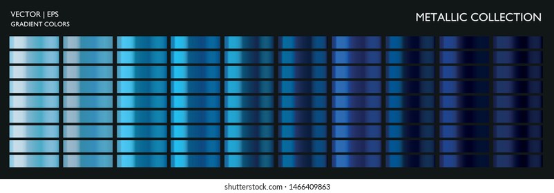 Metallic gradient. Metal effect. Blue color set. Dark and light blue palette. Holographic background template for screen, mobile, banner, label, tag. Chromium car texture. 