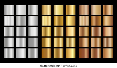 Сollection of metallic gradients. Metal gradient collection: Gold, silver, bronze palette. Vector color set.