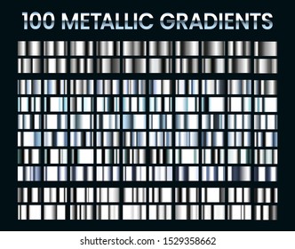 Metallic gradients. Shiny silver gradient, platinum and steel metal material colors. Reflective gray foil, luxury white gold or chrome iron icons. Isolated vector illustration signs set