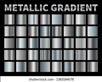 Metallic gradients. Silver foil, grey shiny metal gradient border ribbon square frame, aluminum shiny chrome plate with reflection. Vector set