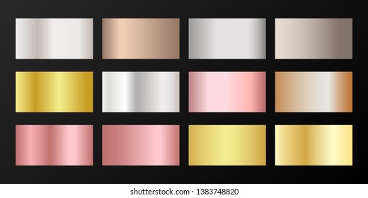 Metallic gradients vector set: golden, silver, platinum, bronze, rose gold. Smooth chrome, alloy, aluminum, titanium, copper, silver, yellow and pink gold, platinum, steel, bronze background swatches.