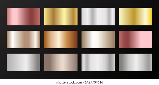 Metallic gradients vector set: golden, silver, platinum, bronze, pink gold. Smooth chrome, alloy, aluminum, titanium, copper, silver, yellow and pink gold, platinum, steel, bronze background swatches.