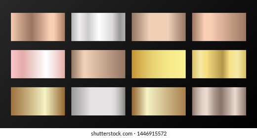 Metallic gradients vector set: golden, silver, platinum, bronze, rose gold. Polished iron, chrome, alloy, aluminum, titanium, copper, silver, rose gold, platinum, steel, bronze background swatches.
