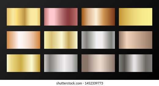Metallic gradients vector set: golden, silver, platinum, bronze, rose gold. Shiny chrome, alloy, aluminum, titanium, copper, silver, rose gold, platinum, steel, bronze background swatches.