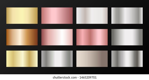 Metallic gradients vector set: golden, silver, platinum, bronze, pink gold. Graphic elements of gold, bronze and silver gradients for award medals or coins design.