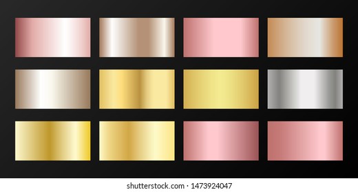 Metallic gradients vector set: golden, silver, platinum, bronze, pink gold. Polished iron, chrome, alloy, aluminum, titanium, copper, silver, rose gold, platinum, steel, bronze background swatches.