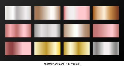 Metallic gradients vector set: golden, silver, platinum, bronze, rose gold. Smooth chrome, alloy, aluminum, titanium, copper, silver, yellow and pink gold, platinum, steel, bronze background swatches.