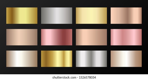 Metallic gradients vector set: golden, silver, platinum, bronze, pink gold. Bright elements of gold, bronze and silver gradients for award medals or coins design.