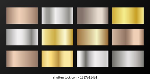 Metallic gradients vector set: golden, silver, platinum, bronze, pink gold. Graphic elements of gold, bronze and silver gradients for award medals or coins design.
