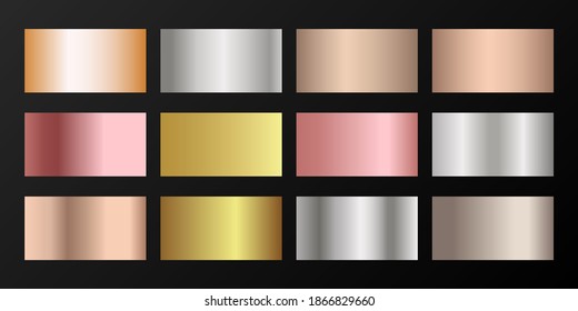 Metallic gradients vector set: golden, silver, platinum, bronze, pink gold. Foil chrome, alloy, aluminum, titanium, copper, silver, yellow and pink gold, platinum, steel, bronze background swatches.
