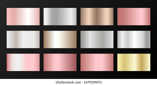 Metallic gradients vector set: silver, platinum, bronze, rose gold. Graphic elements of gold, bronze and silver gradients for award medals or coins design.