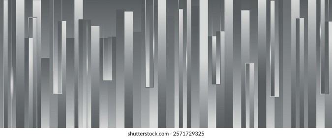 Metallic gray background with vertical lines. The background features a sleek, gray gradient with a reflective texture. Gray color. Surreal geometric bar pattern background. Gray background vector.