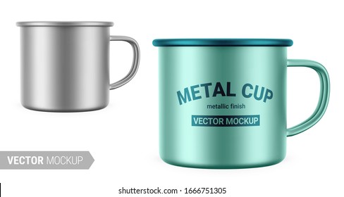 Metallic gray enamel metal cup. Realistic packaging mockup template with sample design. Vector 3d illustration. Contains an accurate mesh to wrap your artwork with the correct envelope distortion.