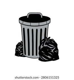 Metallic gray rubbish can flanked by black plastic garbage bags