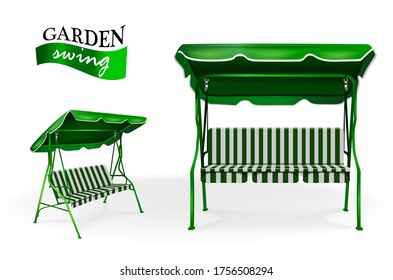 Metallic green garden swing with canopy on white background vector template. Camping and garden summer furniture
