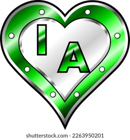 Metallic green heart with initial letters I and A, bright vector illustration, amazing love, passion and happiness vector, illustration for valentine couple. God is good!