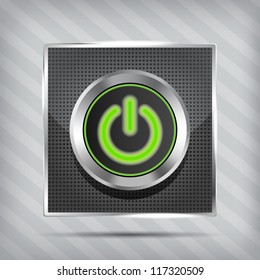 metallic green power button icon on the striped background