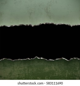 Metallic green torn surface. Textured military background. Stock vector illustration.