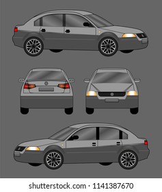 Metallic grey luxury sedan car for business. View from front, back and side. Isolated icon of automobile. Realistic hot vehicle.
Flat illustration of auto. Cartoon tranport.