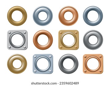 Conjunto de arandelas metálicas. 3 d eyelets redondeados y cuadrados para agujeros en etiquetas y componentes de equipo para prendas de vestir para vaqueros, vectores de gránulos de cobre cromados de oro plateado aislados en blanco