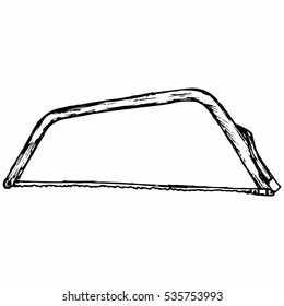 Metallic hacksaw with handle. Isolated on white background. Vector, doodle style