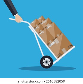 Metallic hand truck. delivery. hand truck icon. hand truck with brown boxes. illustration in flat design on blue background