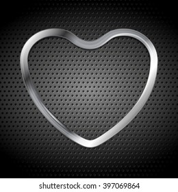 Metallic heart on perforated background. Silver heart icon. Love symbol chrome style. Dark grey heart vector design