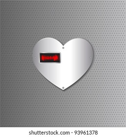 metallic heart plaque with heartbeat graph on metal background